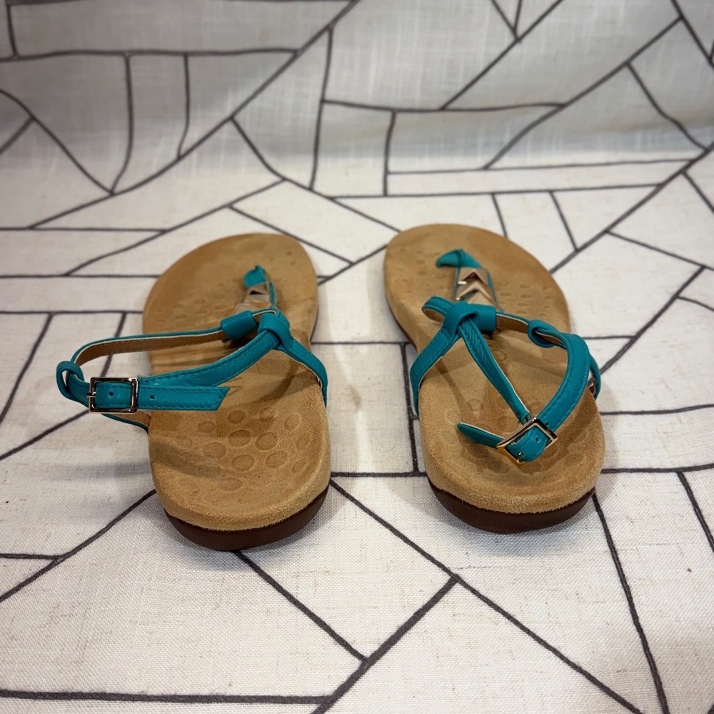 Vionic Sandals Size 8 Teal Leather Gold Studded Orthotic T-Strap Ankle Strap - Picture 3 of 9